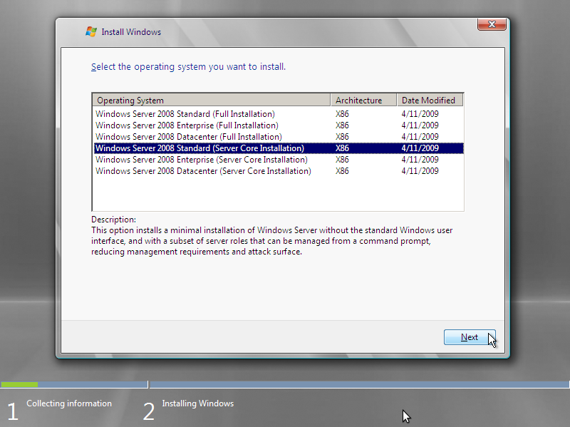 Windows 2008 OS installer options